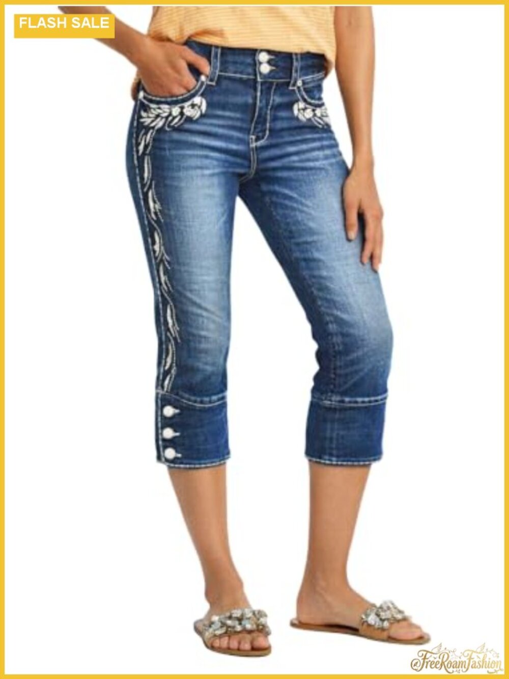 High Waist Skinny Capri Jeans with Plant Embroidery, Stretchable Cotton Blend